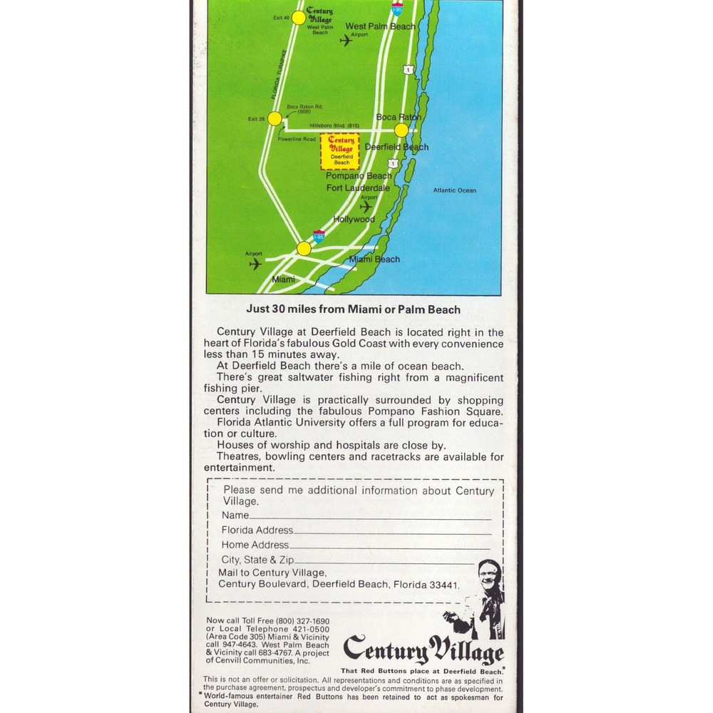 Vintage Century Village Deerfield Beach Florida Brochure Red Buttons Ephemera - Picture 2 of 2